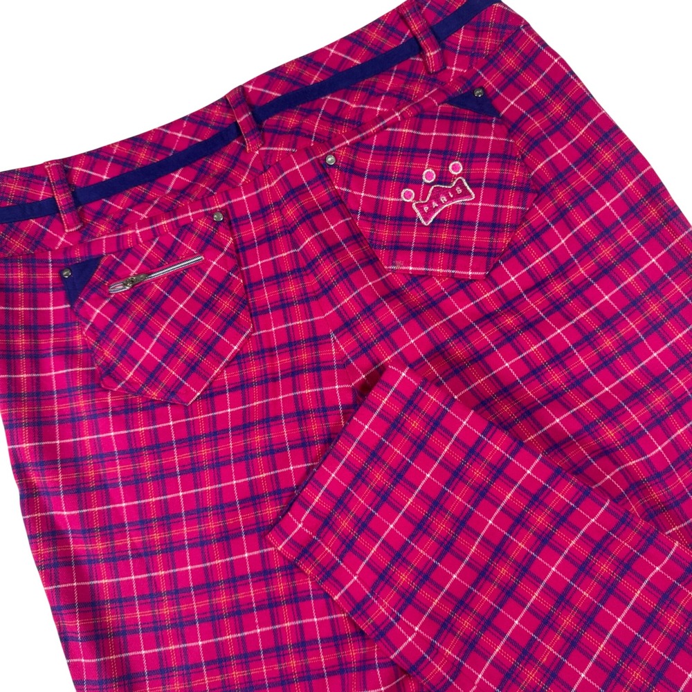 Louis Castel Plaid Golf Pants Womens 73 (US 6) Pink Purple‎ Embroidered Slim Fit